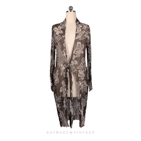 Vintage Chicos Crinkle Duster Cardigan L Brown Floral Y2K Coverup Sheer Beachy - Picture 1 of 11